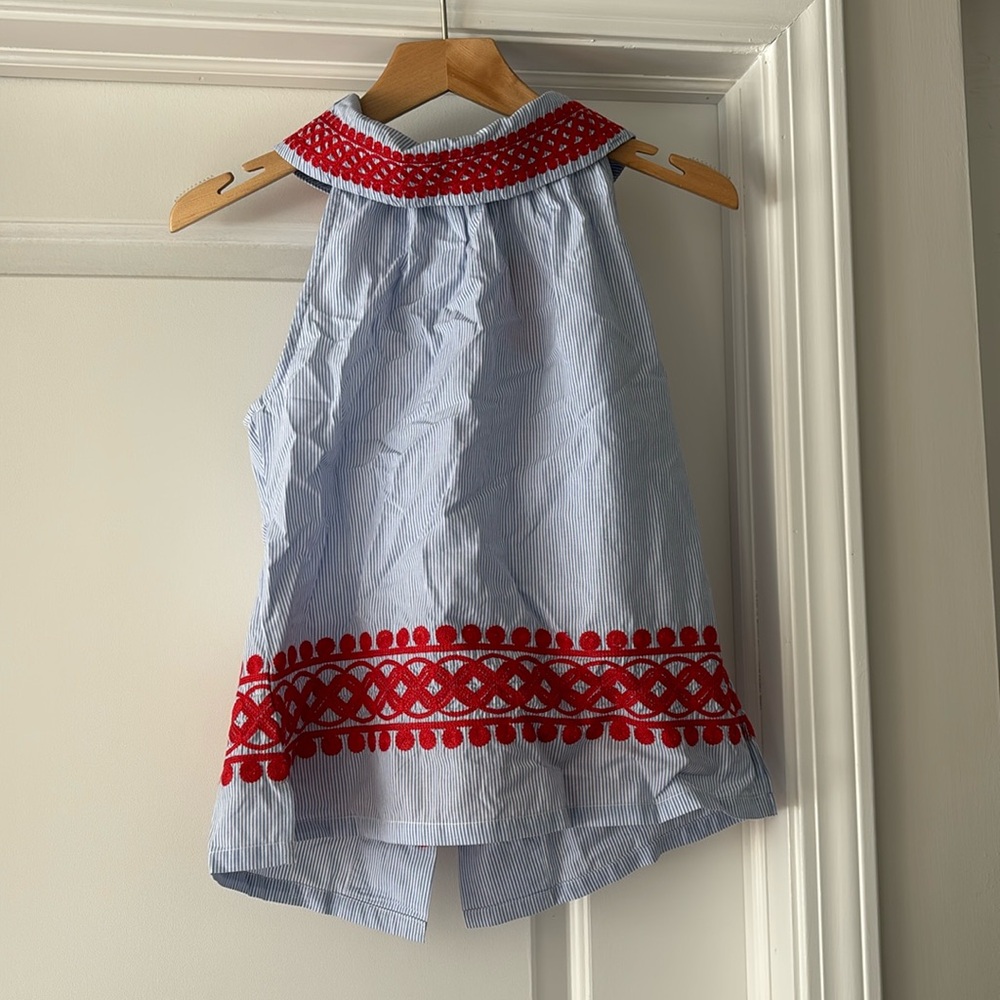 Sail to Sable Light Blue Striped Halter Top with Red Embroidery
